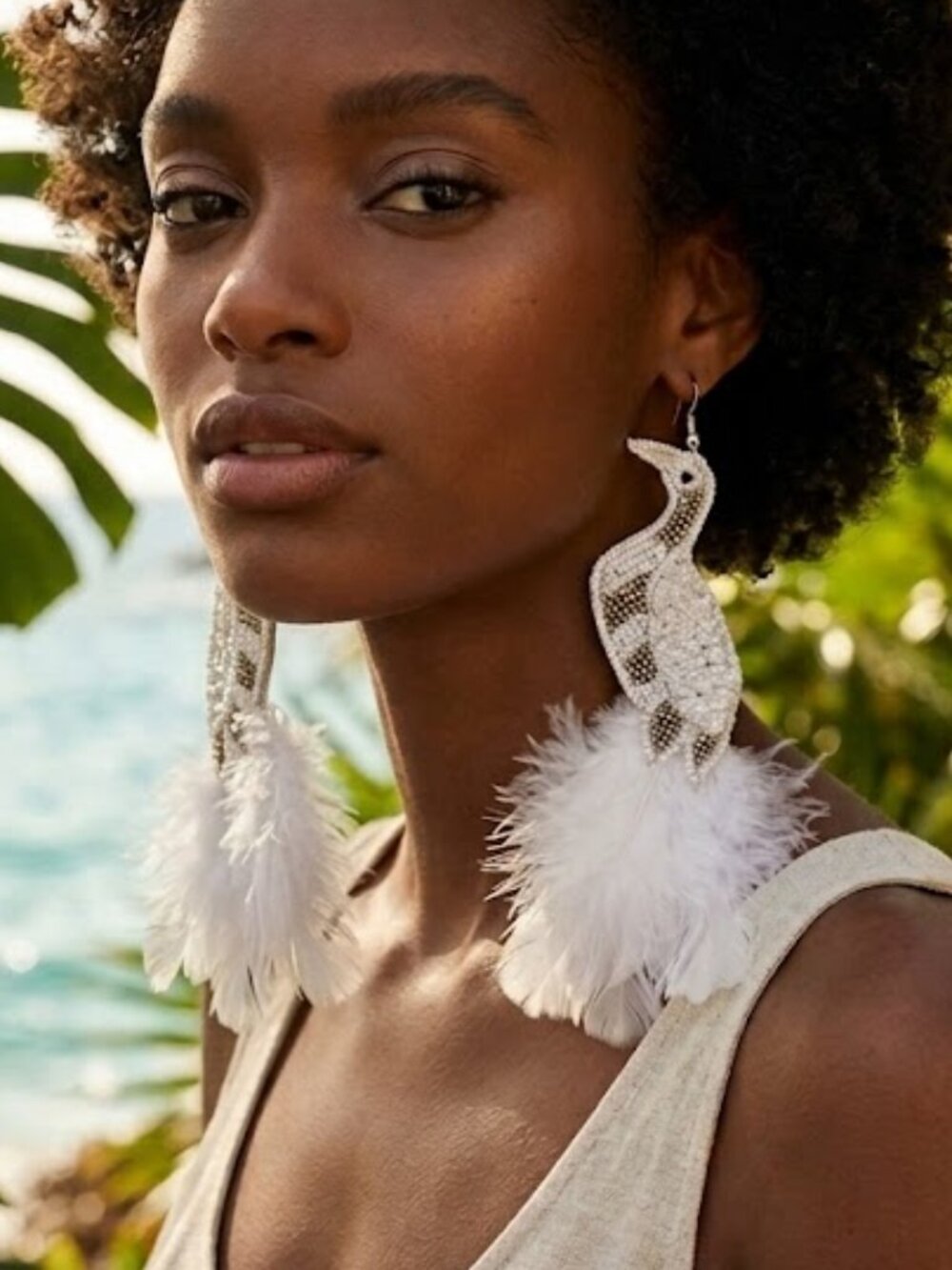Tropical White Bird of Paradise Resort Vacation White Feather 5" Drop Earrings